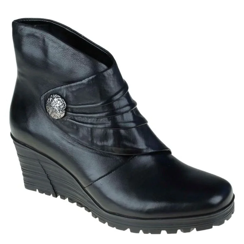 NEW Earth Women Dune Black Leather Gathered Pleated Strap Platform Wedge Bootie - Picture 5 of 6